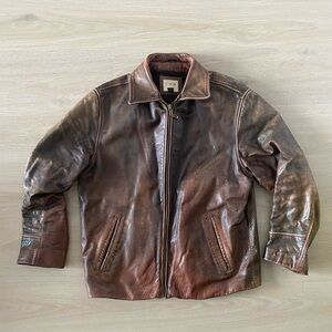 Men's Vintage Brown Leather Zip-Front Jacket Size S